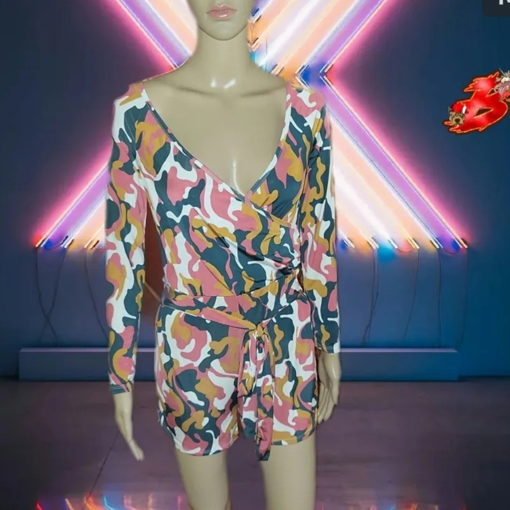 Camo Printed Surplice Romper